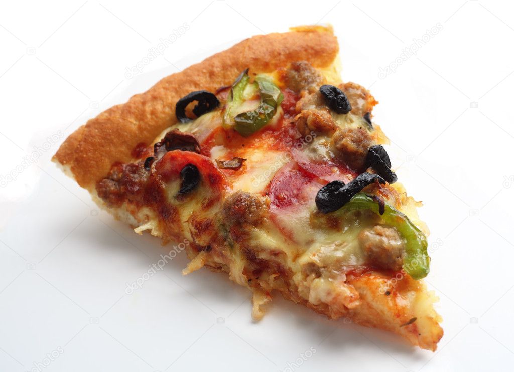 Slice of pizza supreme over white