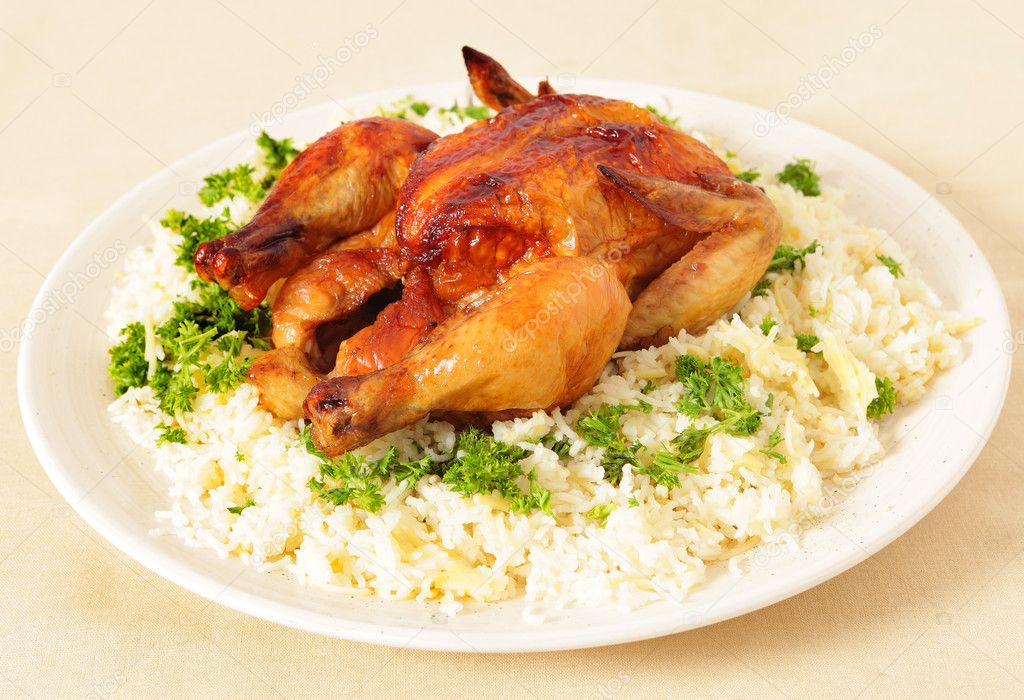 Roast chicken and rice side view
