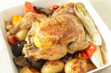 Chicken and roast vegetables high angle clipart