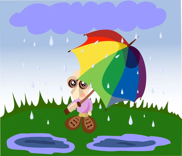 A fiatal ember, alatt egy esernyő, eső alatt — Stock Vector