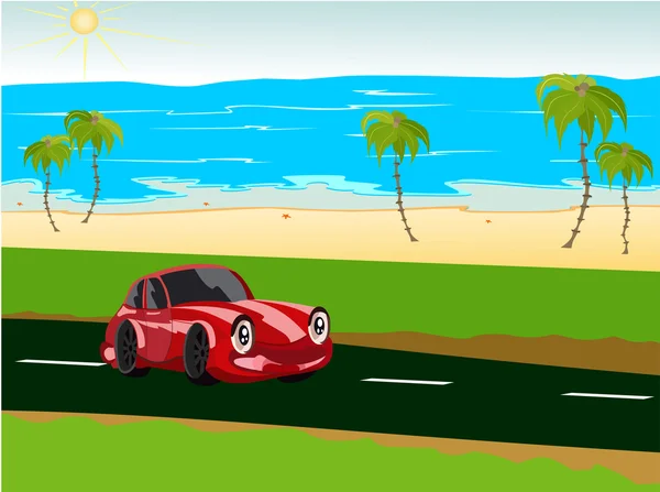 La voiture va sur la route, palmiers, océan — Image vectorielle
