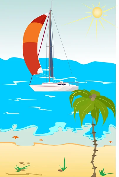 The yacht in red sails at the sea in the background. Palm tree in the foreg — Stock Vector