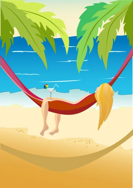 Pretty girl laying in a hammock on a sky background with sun and sea. — Stock Vector