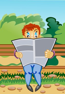 Vector Image. Young readers sat on a bench in the park read a magazine clipart