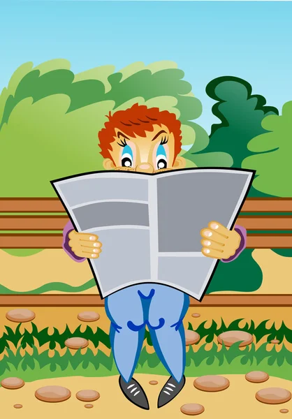 矢量图像。在公园的长凳上坐着的年轻读者阅读一本杂志 — 图库矢量图片