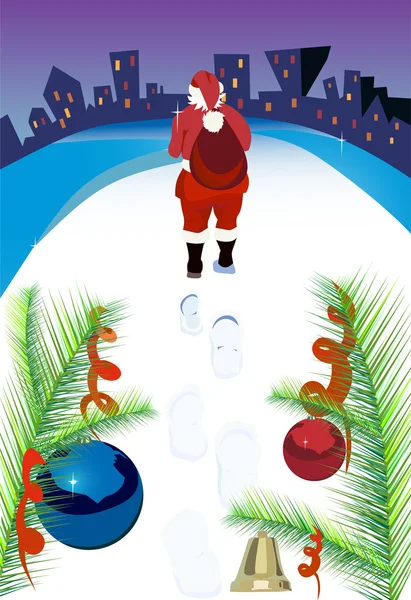 Jul jultomten promenader med stor säck gåvor — Stock vektor