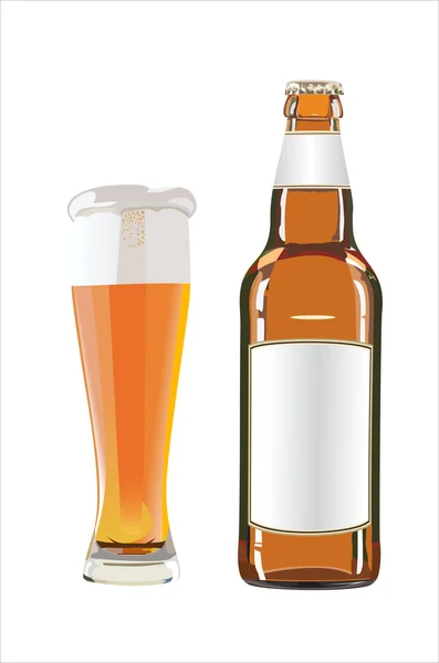Бутылка и стакан с пивом на белом фоне — стоковый вектор