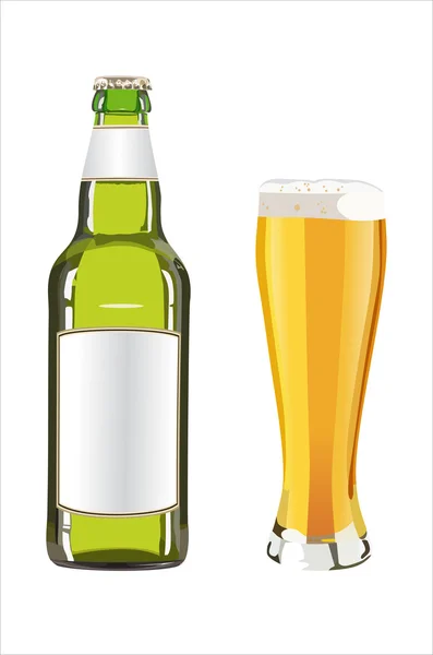 Láhve a sklenice s pivem na bílém pozadí — Stockový vektor