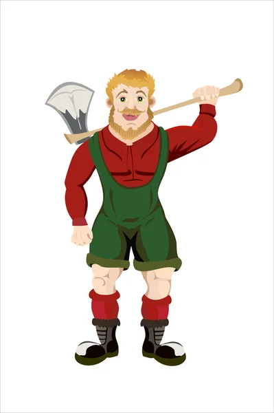 Cartoon lumberjack holding an axe.Isolated on white — Stock Vector