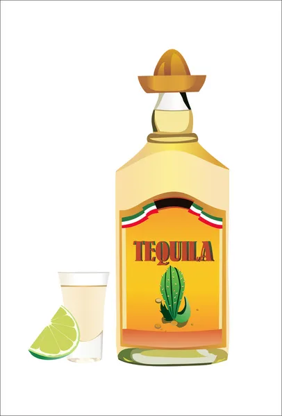 Botella de tequila con taza y lima sobre fondo wite . — Archivo Imágenes Vectoriales