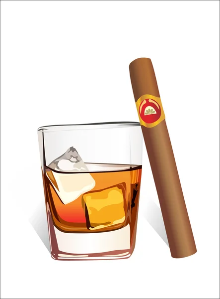 Whiskey with ice cubes and cigar, isolated on white background. — Stock Vector