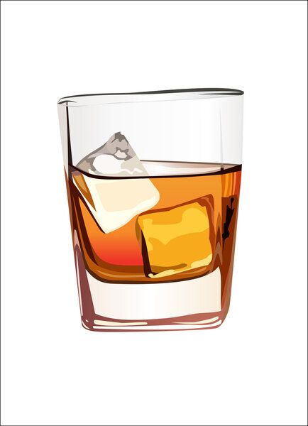 Whiskey in glass with ice isolated on white.
