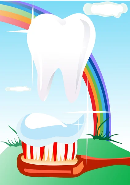 Concept dentaire. Dents blanches, une brosse à dents et du dentifrice sur le fond — Image vectorielle