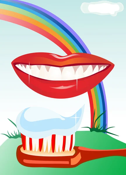 Denti bianchi e sorriso sano sullo sfondo dell'arcobaleno — Vettoriale Stock
