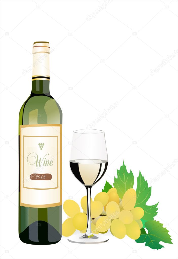 Bottle and glass of white wine with grapes on white background, vector