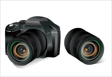 DSLR fotoğraf makinesi siyah ve beyaz bir arka plan üzerinde lens, vektör