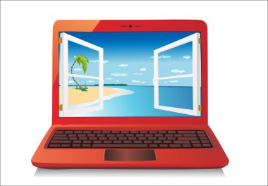 Kırmızı laptop ve bir pencere kavramı. vektör.