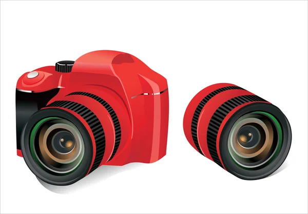 Vermelho dslr câmera e lente em um fundo branco, vetor —  Vetores de Stock