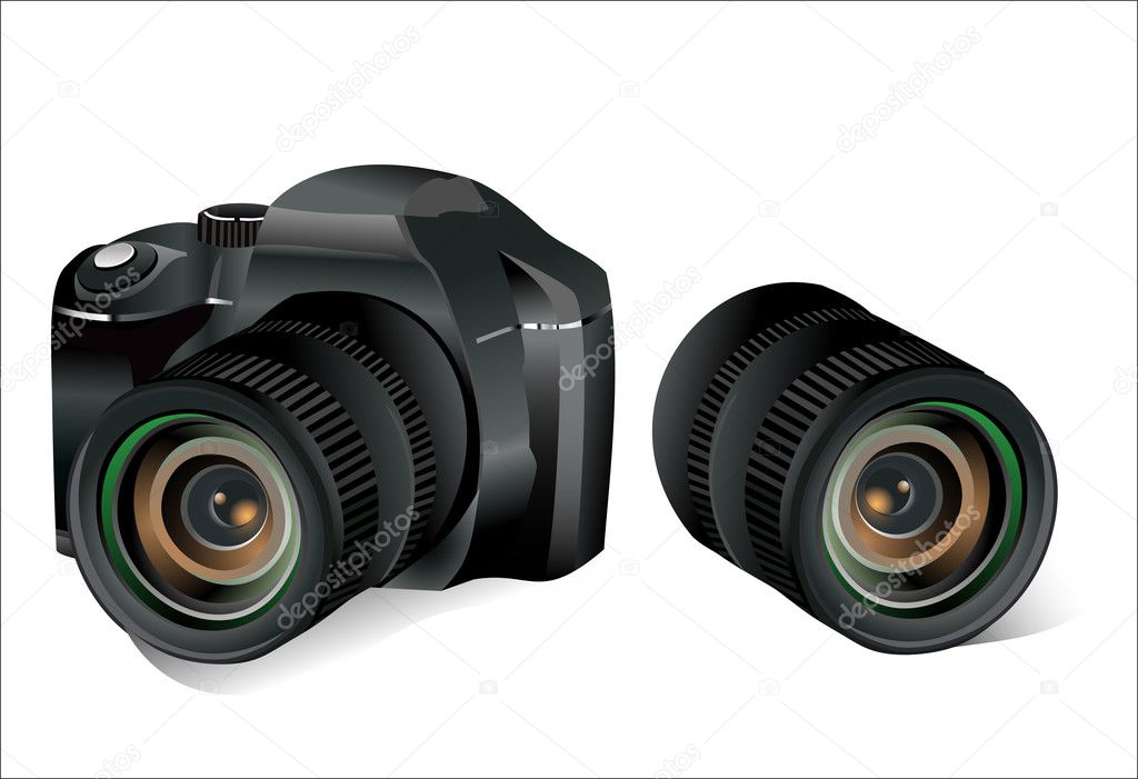 Black dslr camera and lens on a white background, vector