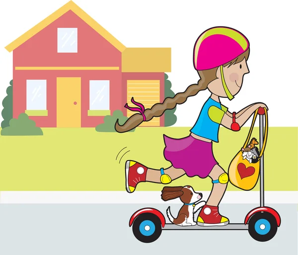 Scooter Girl and House — Stock Vector
