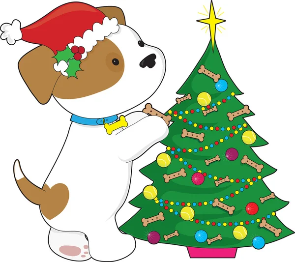 可爱的小狗与圣诞老人帽子和树 — 图库矢量图片