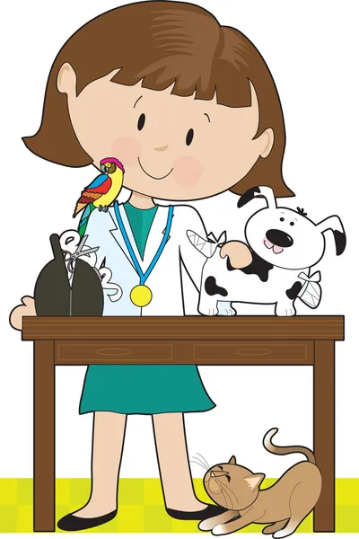 Mujer veterinaria y mascotas — Vector de stock