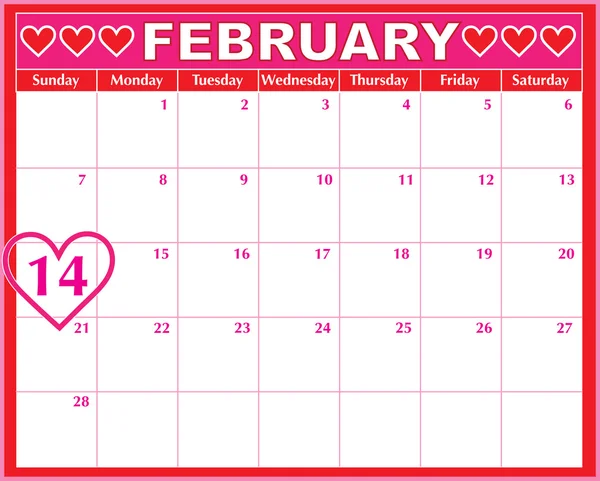Valentines Day Calendar — Stock Vector