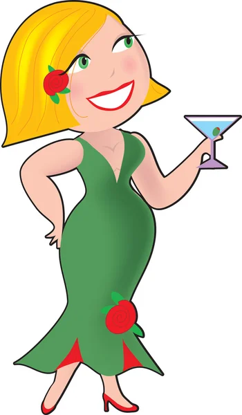 Kvinna med cocktail i en aftonklänning — Stock vektor