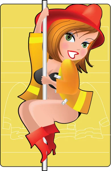 滑下来一根杆的年轻性感女消防员 — 图库矢量图片