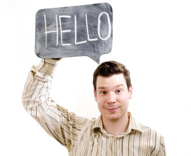 Male Holding Hello on Chalkboard clipart