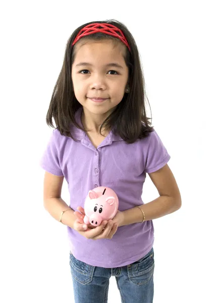Menina asiática Holing Piggy Bank — Fotografia de Stock