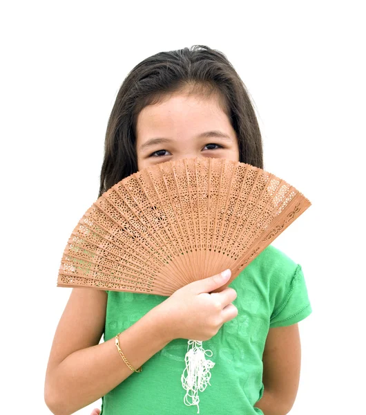 Asiática chica con ventilador — Foto de Stock