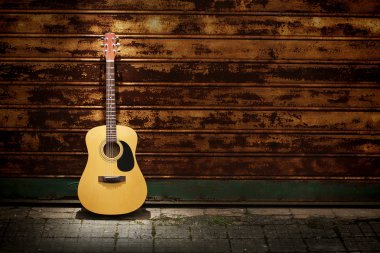 Acoustic guitar against rusty gates