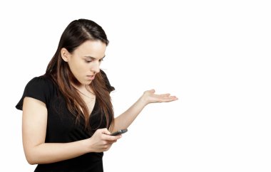 Surprised woman looks at her cellphone clipart
