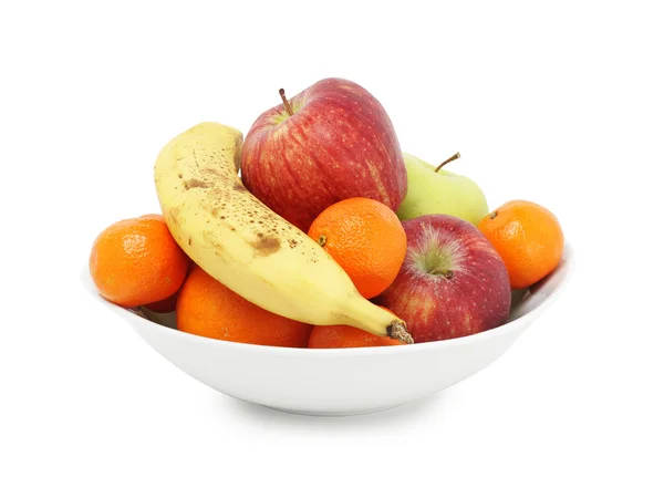 Fresh fruit in white bowl — Stock Photo, Image
