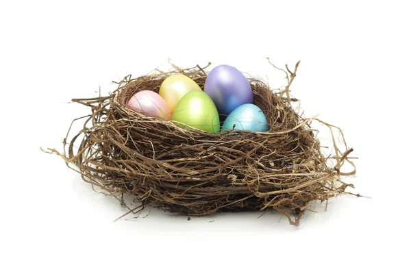 Ovos de Páscoa no verdadeiro ninho de pássaros — Fotografia de Stock