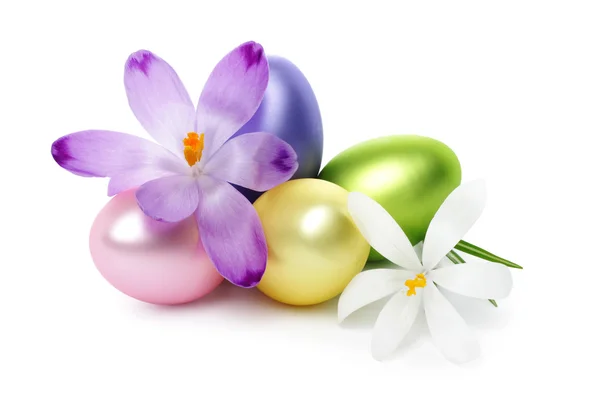 Easter eggs anf crocus flowers — Stock Photo, Image