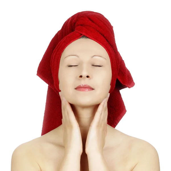 Young woman with red towel — Stock Photo, Image