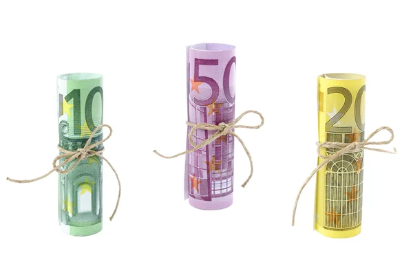 Banconote in euro arrotolate e legate — Foto Stock