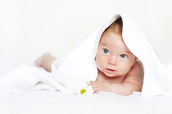 Bebê adorável sob toalha — Fotografia de Stock