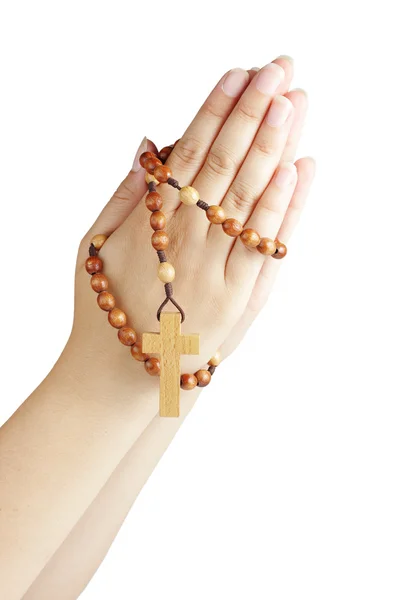 在与一串念珠祈祷的手 — 图库照片