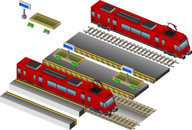 izometrik kırmızı tren istasyonu ve tren ile