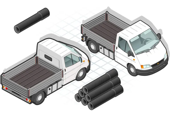 Isometric delivery van and some pipes — Stock Vector