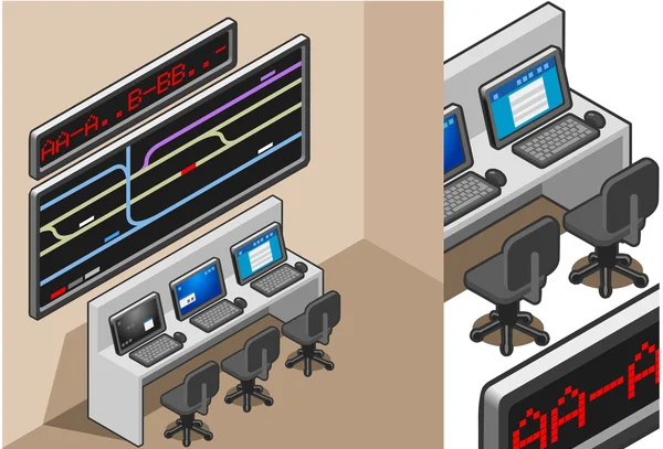 Centro de controle isométrico com mega tela —  Vetores de Stock