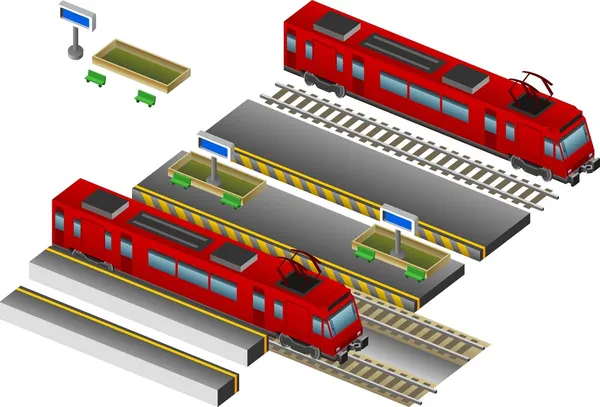 Ізометричний червоний поїзд зі станцією і залізницею — стоковий вектор