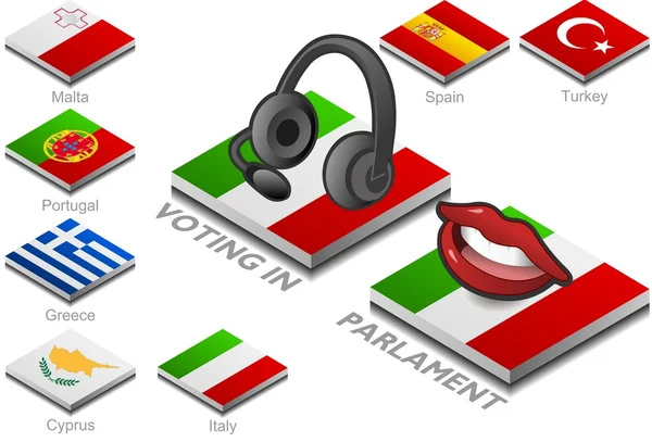 Écouteurs isométriques et bouche sur le drapeau du bouton — Image vectorielle