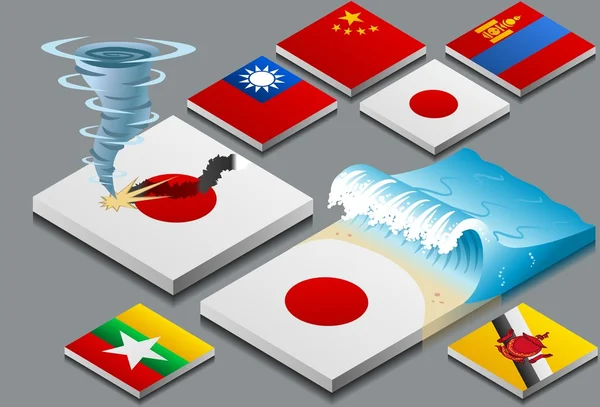 Representação isométrica de catástrofes naturais, tzunami e tifão — Vetor de Stock