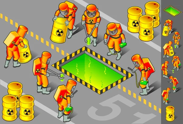 Zone nucléaire isométrique avec six hommes au travail — Image vectorielle