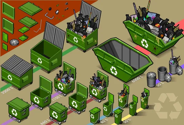 Isometrische vuilnis container in varius maten — Stockvector