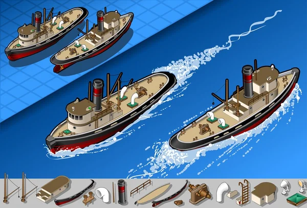 Isometrischer Schlepper in zwei Positionen in der Schifffahrt — Stockvektor